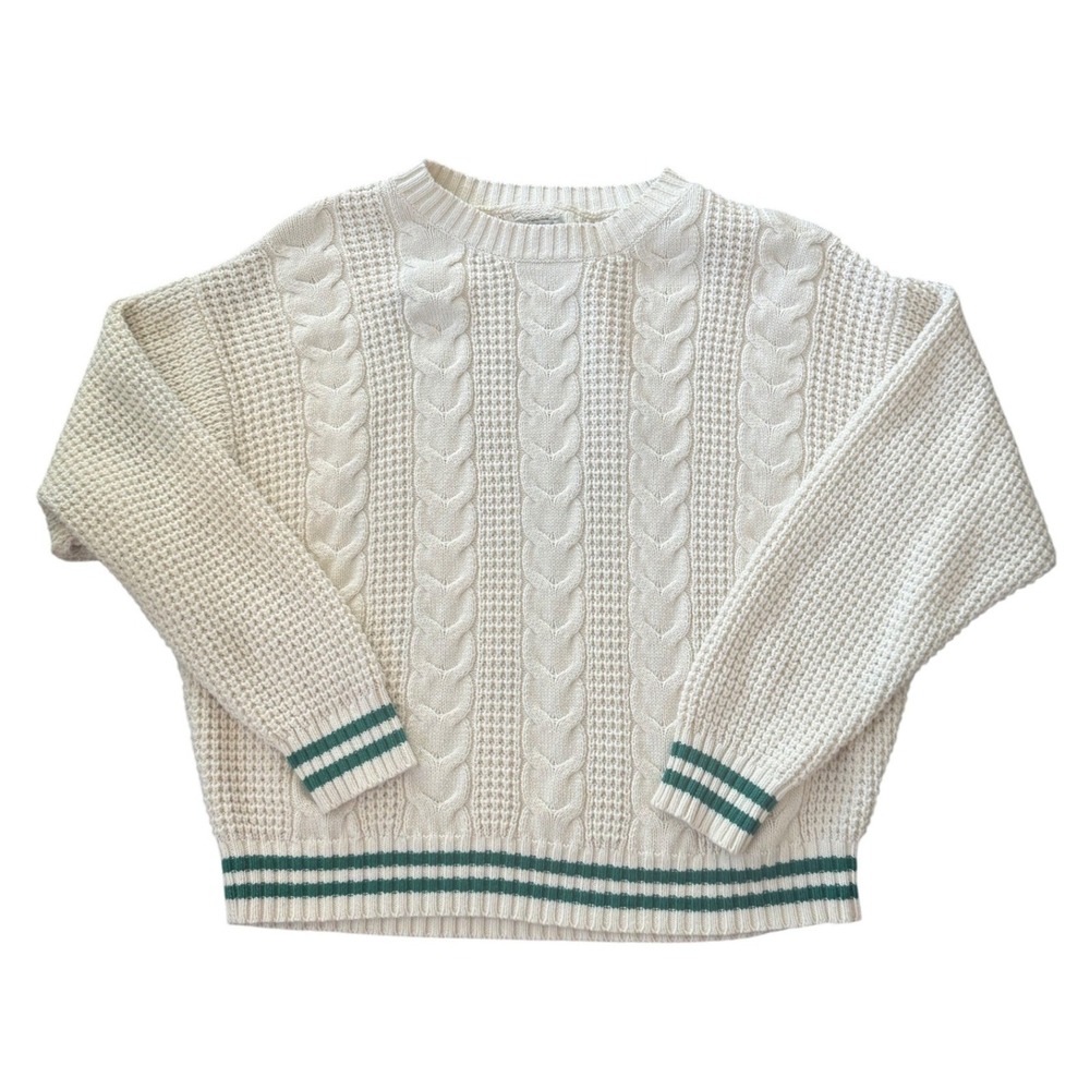 American Eagle Cable Knit Sweater Cream Green Stripe Preppy Cotton XL‎